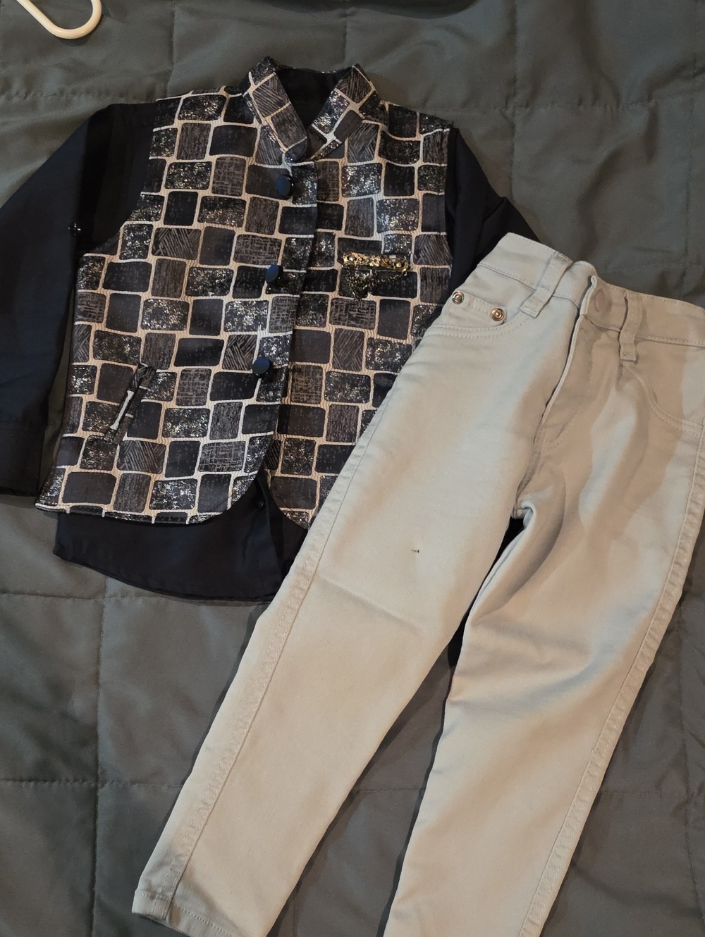Navy and White Textured Block Print Mandarin Vest with Navy Blue Shirt